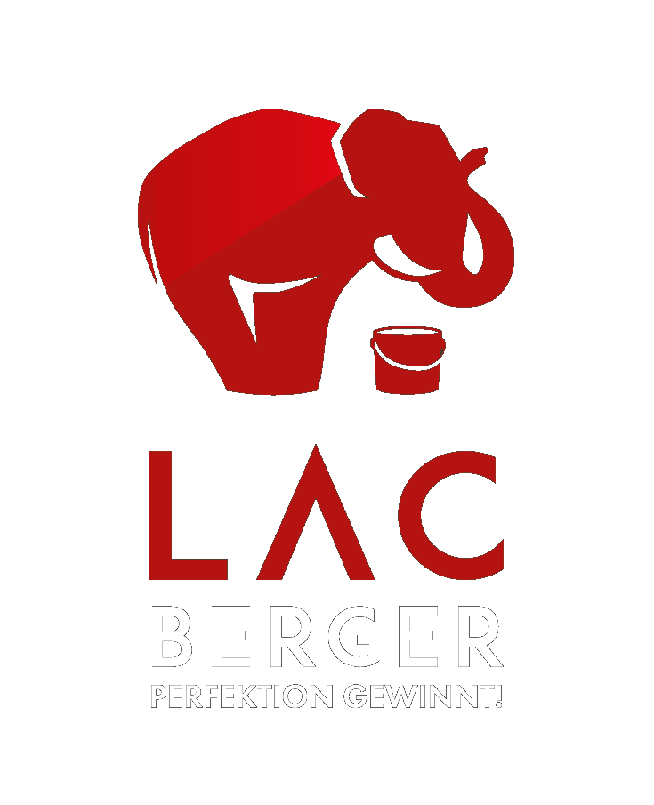 Rote Elefantenillustration mit einem kleinen Fass über dem Text "LAC BERGER PERFEKTION GEWINNT!" auf weißem Hintergrund. LAC Berger Industrielackierung