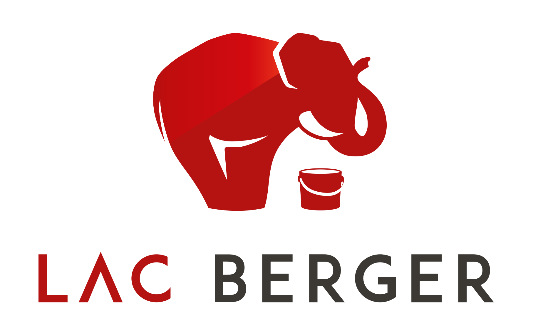 Roter Elefant mit einem kleinen Eimer, darüber der Text "LAC BERGER" in roten und schwarzen Großbuchstaben auf weißem Hintergrund. LAC Berger Industrielackierung